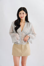 Teresa V Neck Stripes Long Sleeve Top in Blue and Green