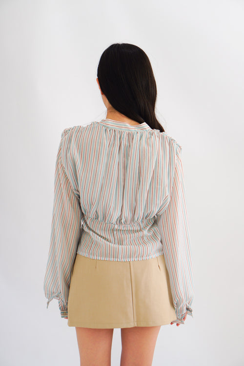 Teresa V Neck Stripes Long Sleeve Top in Blue and Green