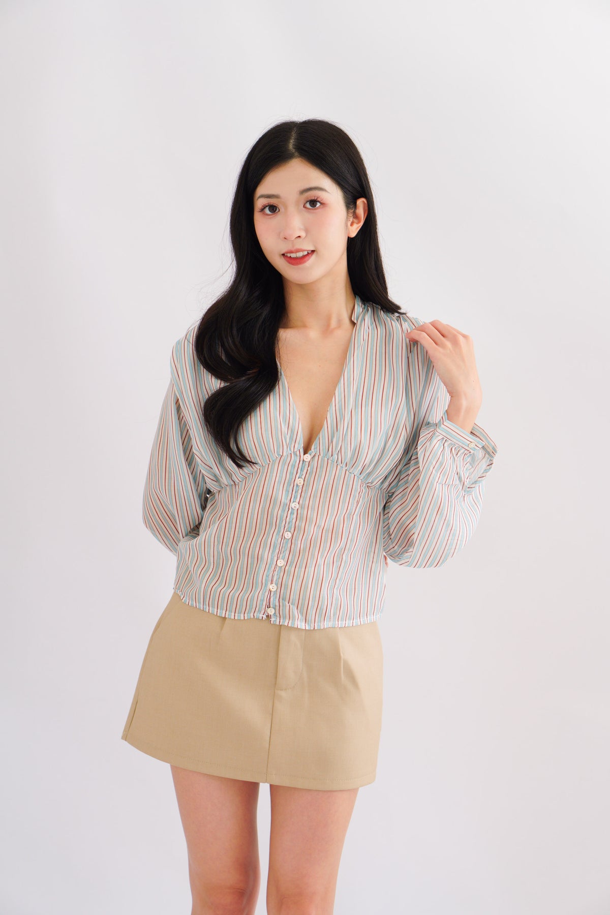 Teresa V Neck Stripes Long Sleeve Top in Blue and Green