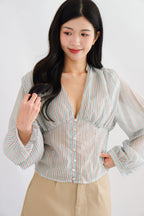 Teresa V Neck Stripes Long Sleeve Top in Blue and Green