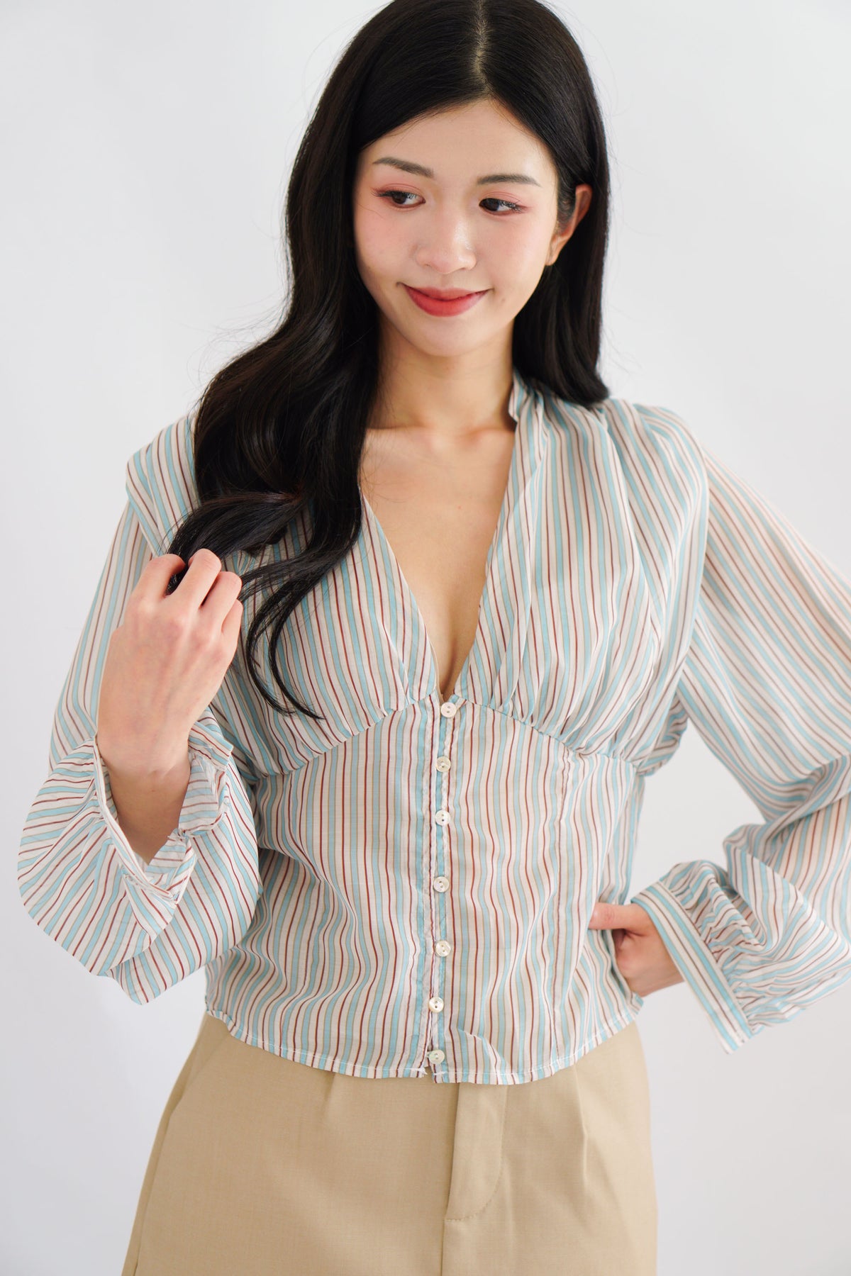 Teresa V Neck Stripes Long Sleeve Top in Blue and Green