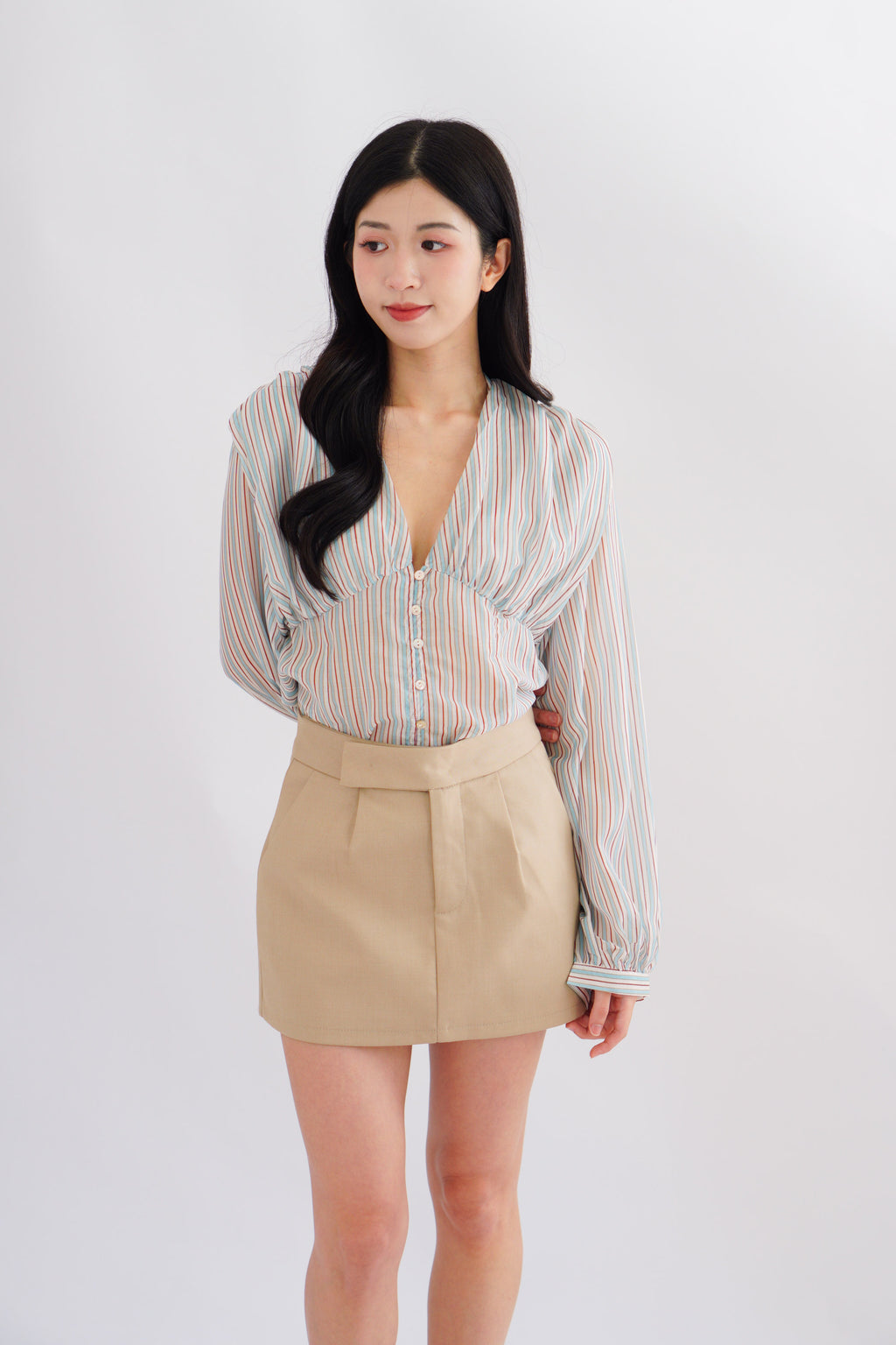 Teresa V Neck Stripes Long Sleeve Top in Blue and Green