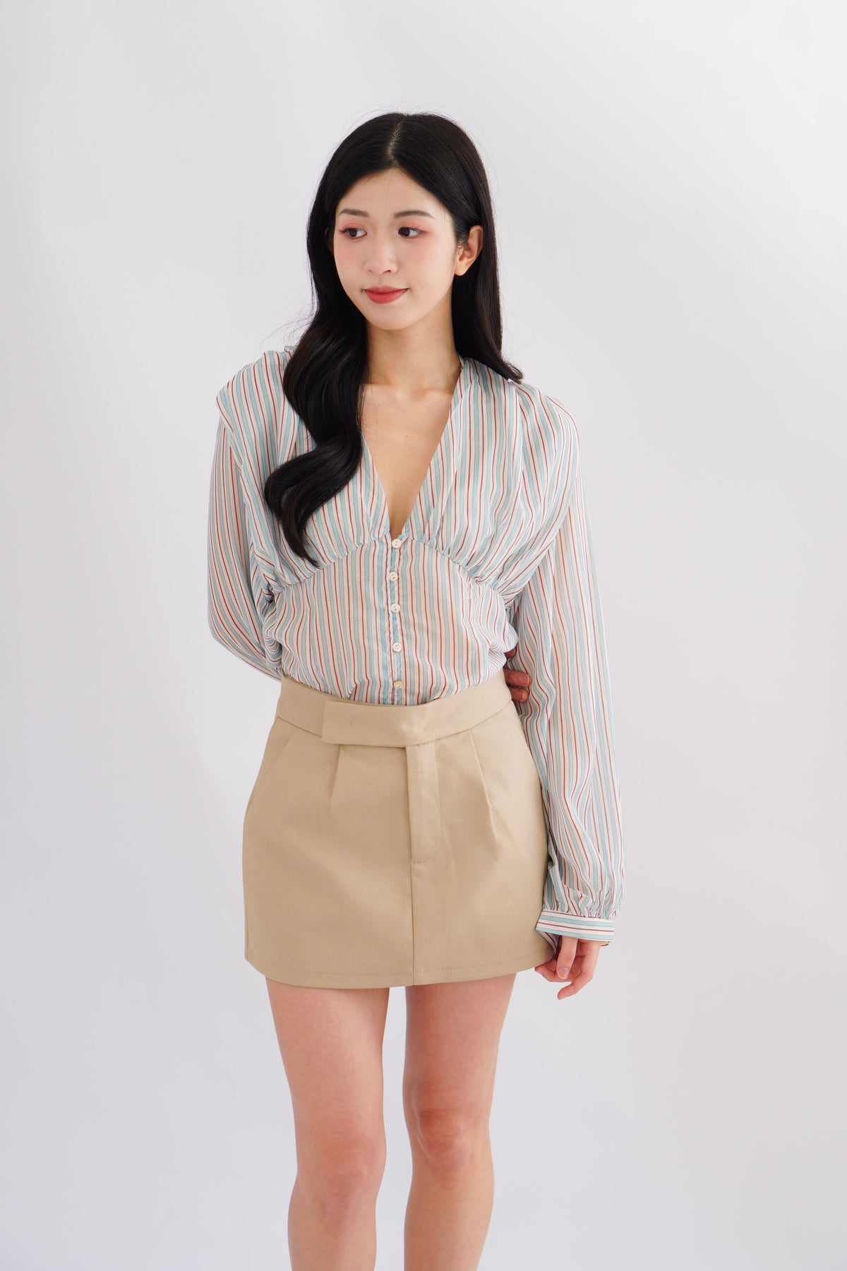 Teresa V Neck Stripes Long Sleeve Top in Blue and Green