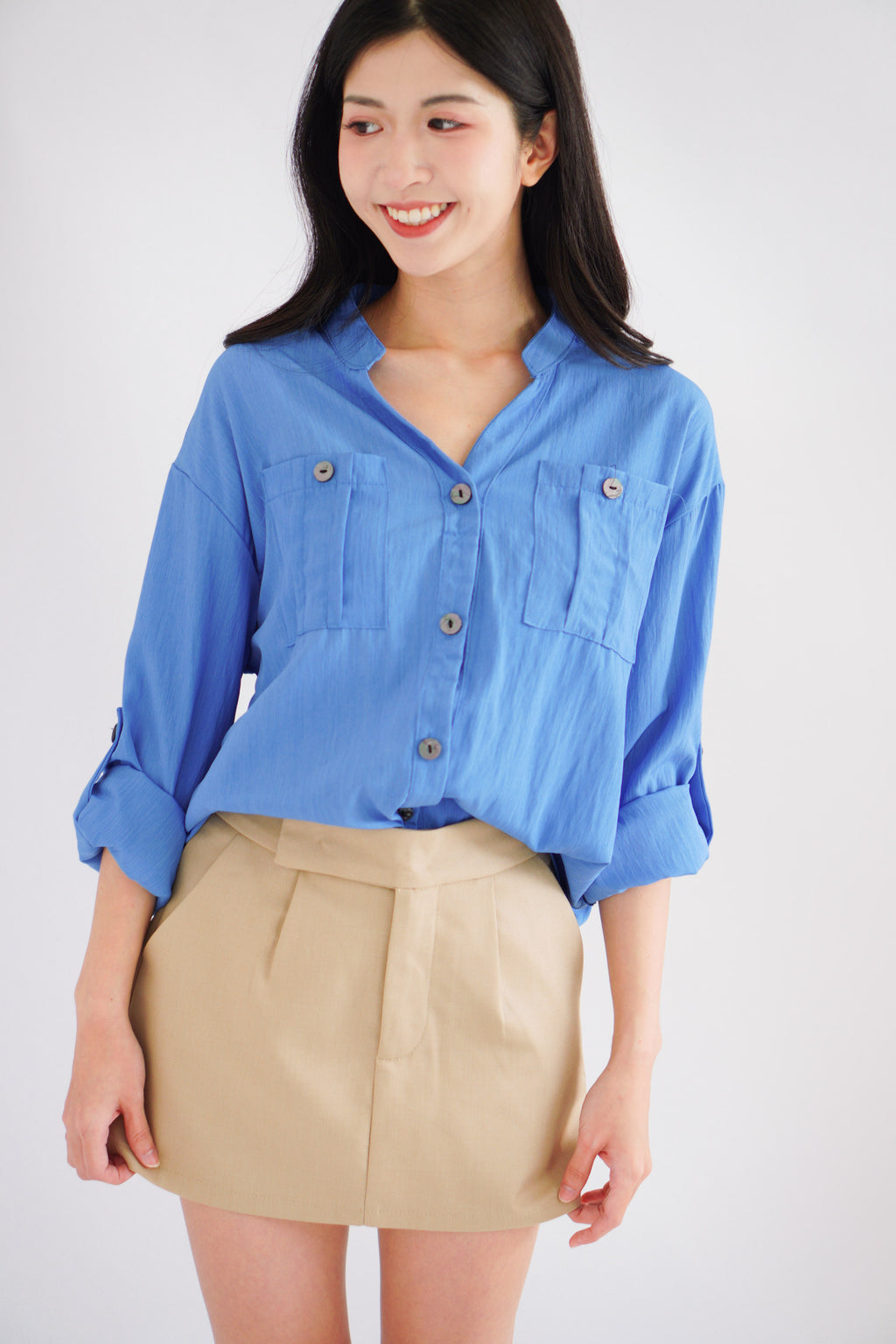 Leanny Button Down Long Sleeve Top with Pockets in Cobalt Blue