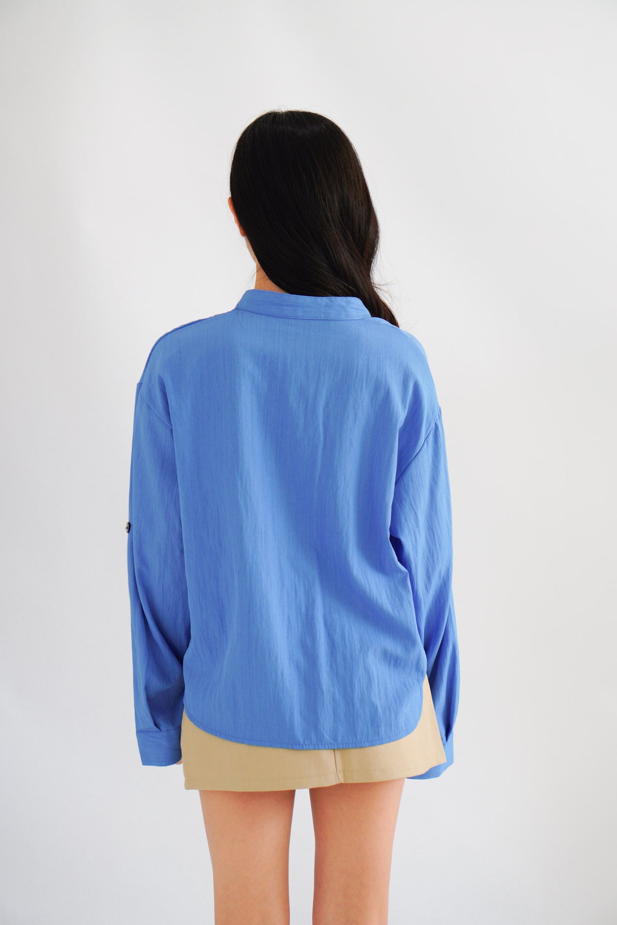 Leanny Button Down Long Sleeve Top with Pockets in Cobalt Blue