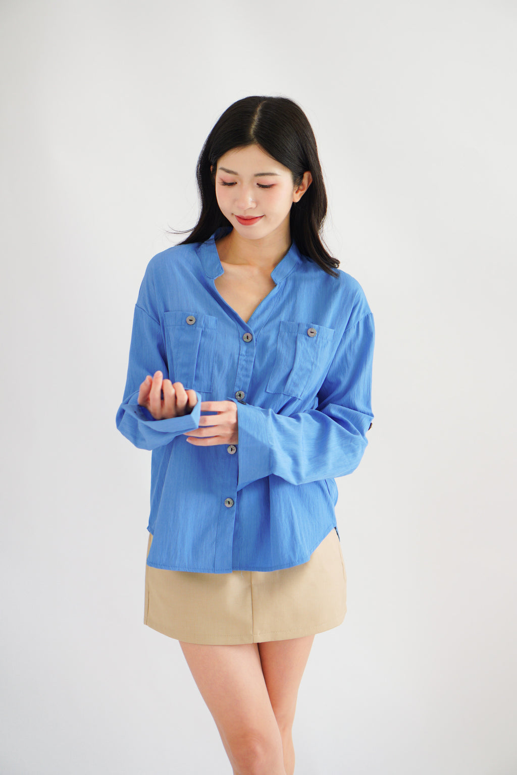 Leanny Button Down Long Sleeve Top with Pockets in Cobalt Blue
