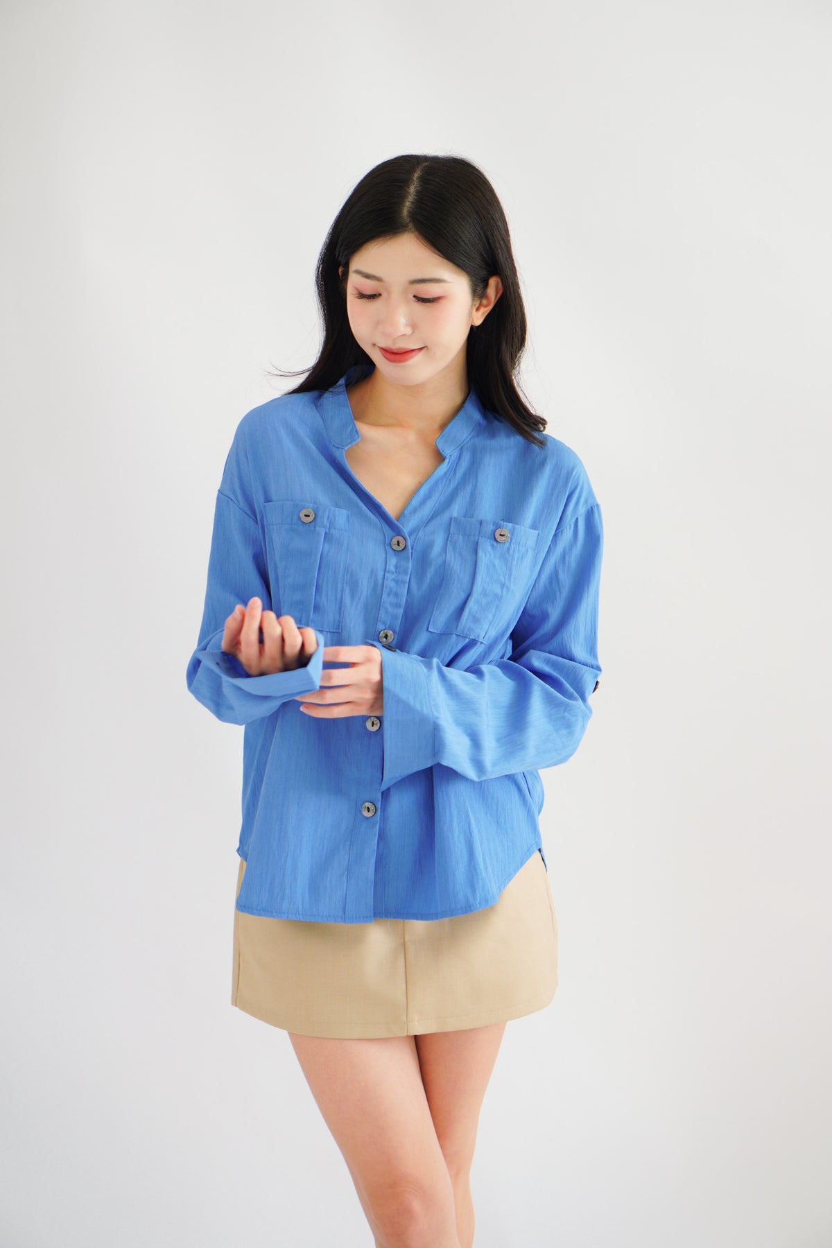 Leanny Button Down Long Sleeve Top with Pockets in Cobalt Blue