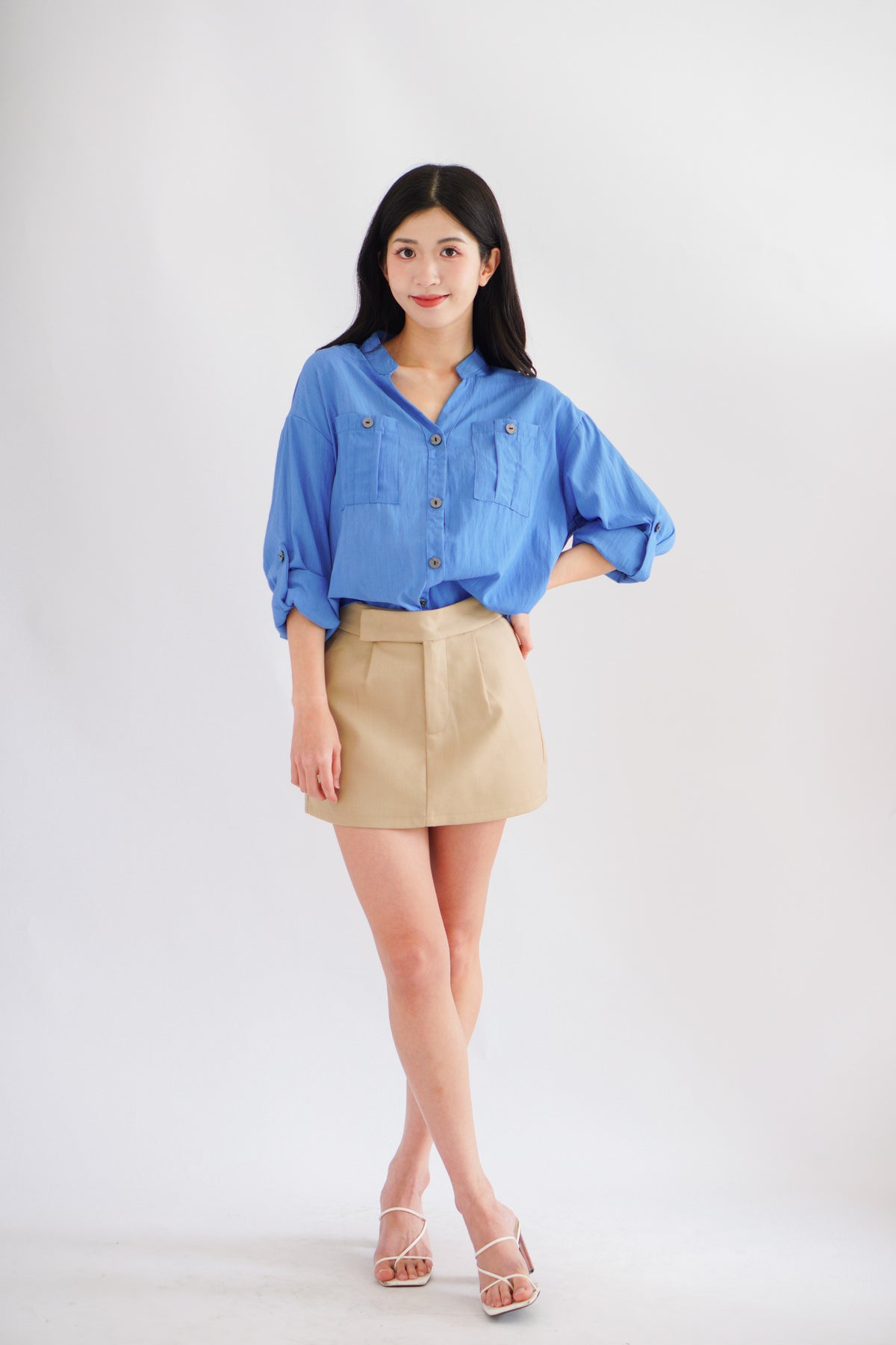 Leanny Button Down Long Sleeve Top with Pockets in Cobalt Blue