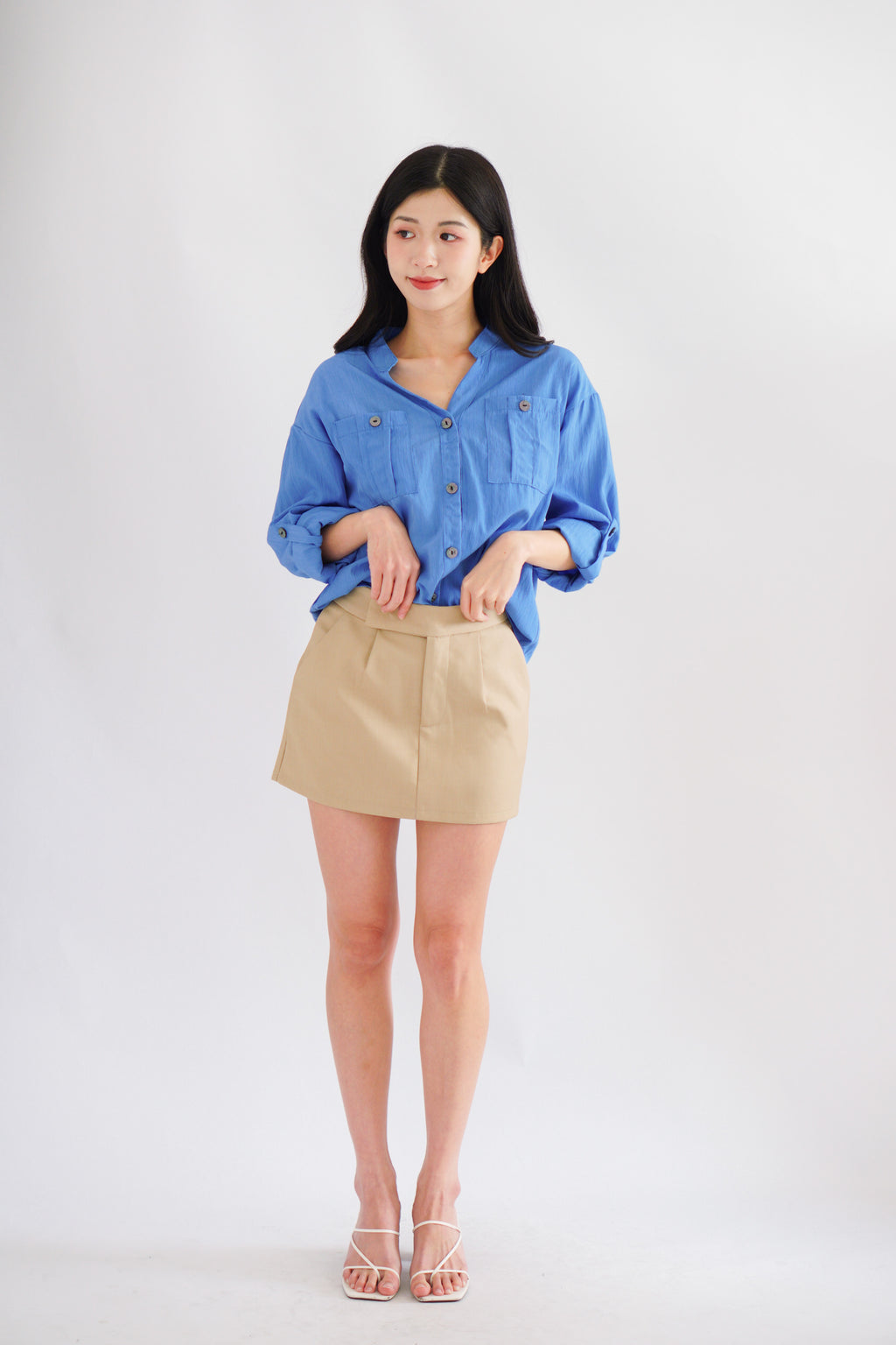 Leanny Button Down Long Sleeve Top with Pockets in Cobalt Blue