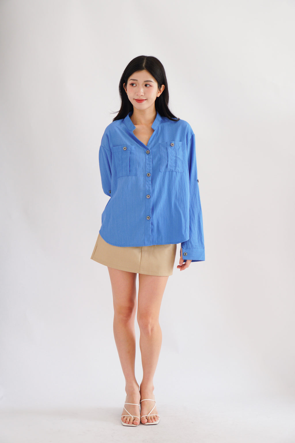 Leanny Button Down Long Sleeve Top with Pockets in Cobalt Blue