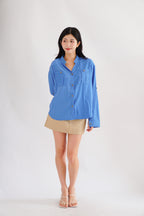 Leanny Button Down Long Sleeve Top with Pockets in Cobalt Blue