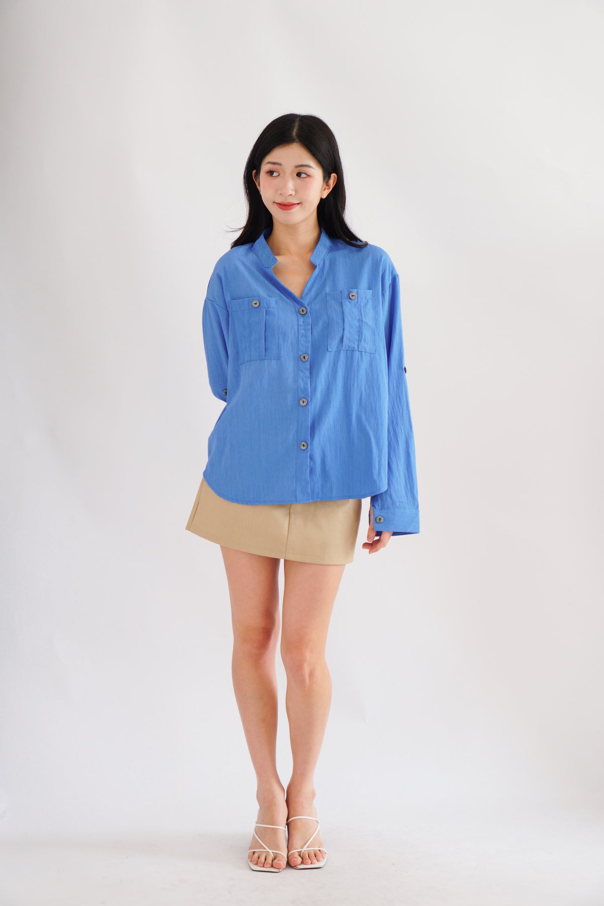 Leanny Button Down Long Sleeve Top with Pockets in Cobalt Blue