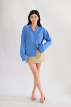 Leanny Button Down Long Sleeve Top with Pockets in Cobalt Blue