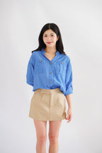 Leanny Button Down Long Sleeve Top with Pockets in Cobalt Blue