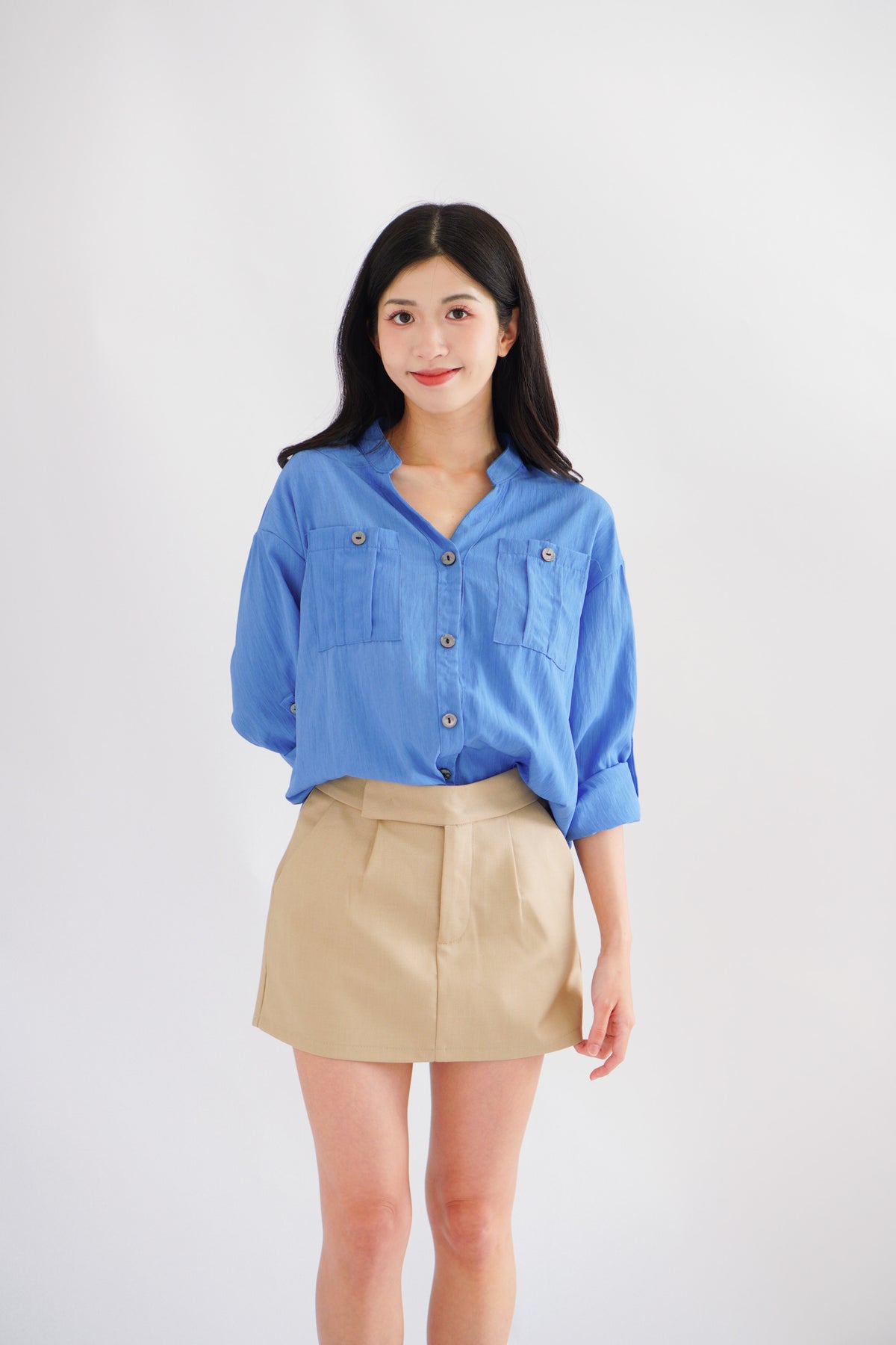 Leanny Button Down Long Sleeve Top with Pockets in Cobalt Blue