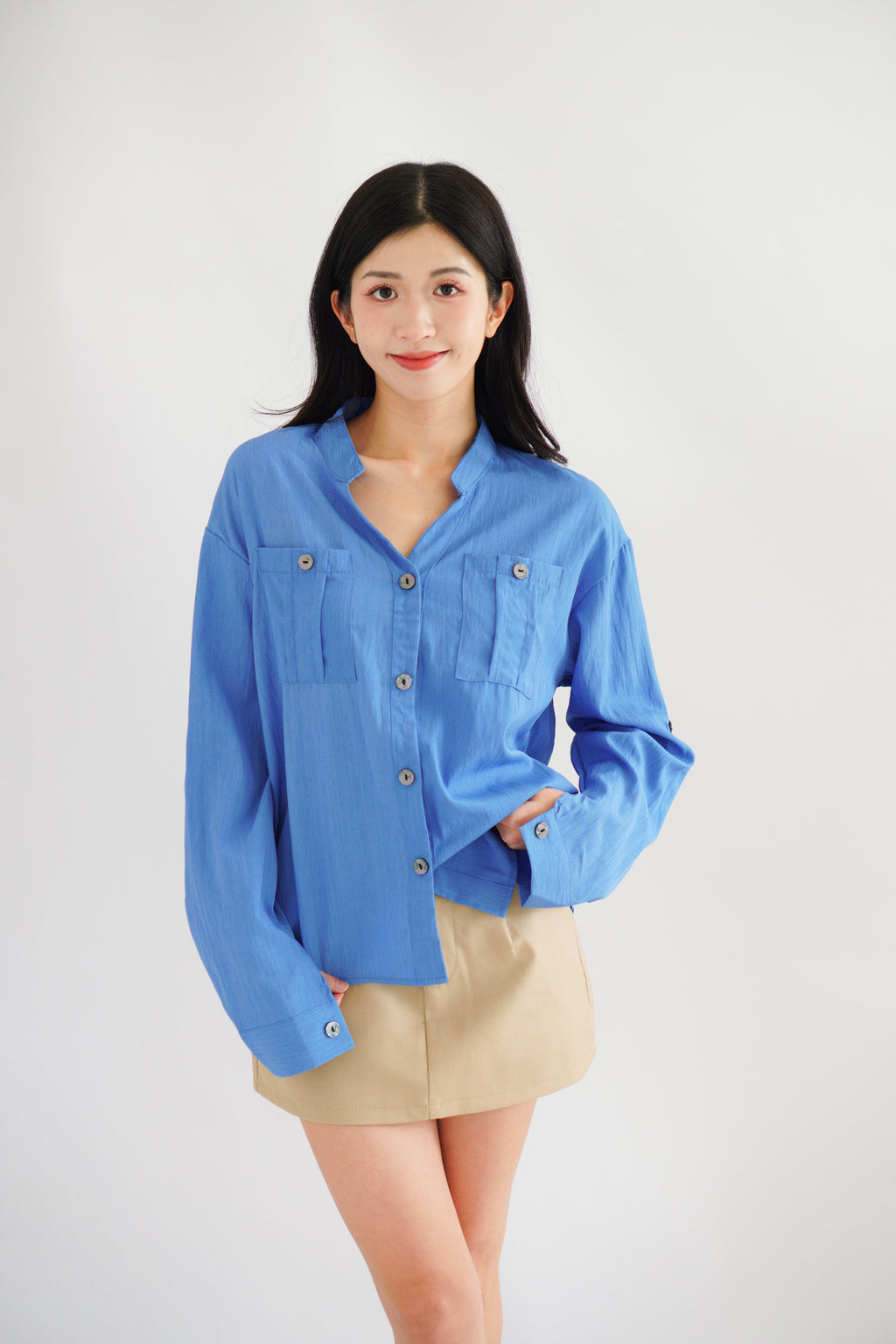 Leanny Button Down Long Sleeve Top with Pockets in Cobalt Blue