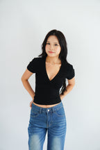 Lucy V Neck Short Sleeve Top in Black