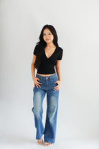Lucy V Neck Short Sleeve Top in Black