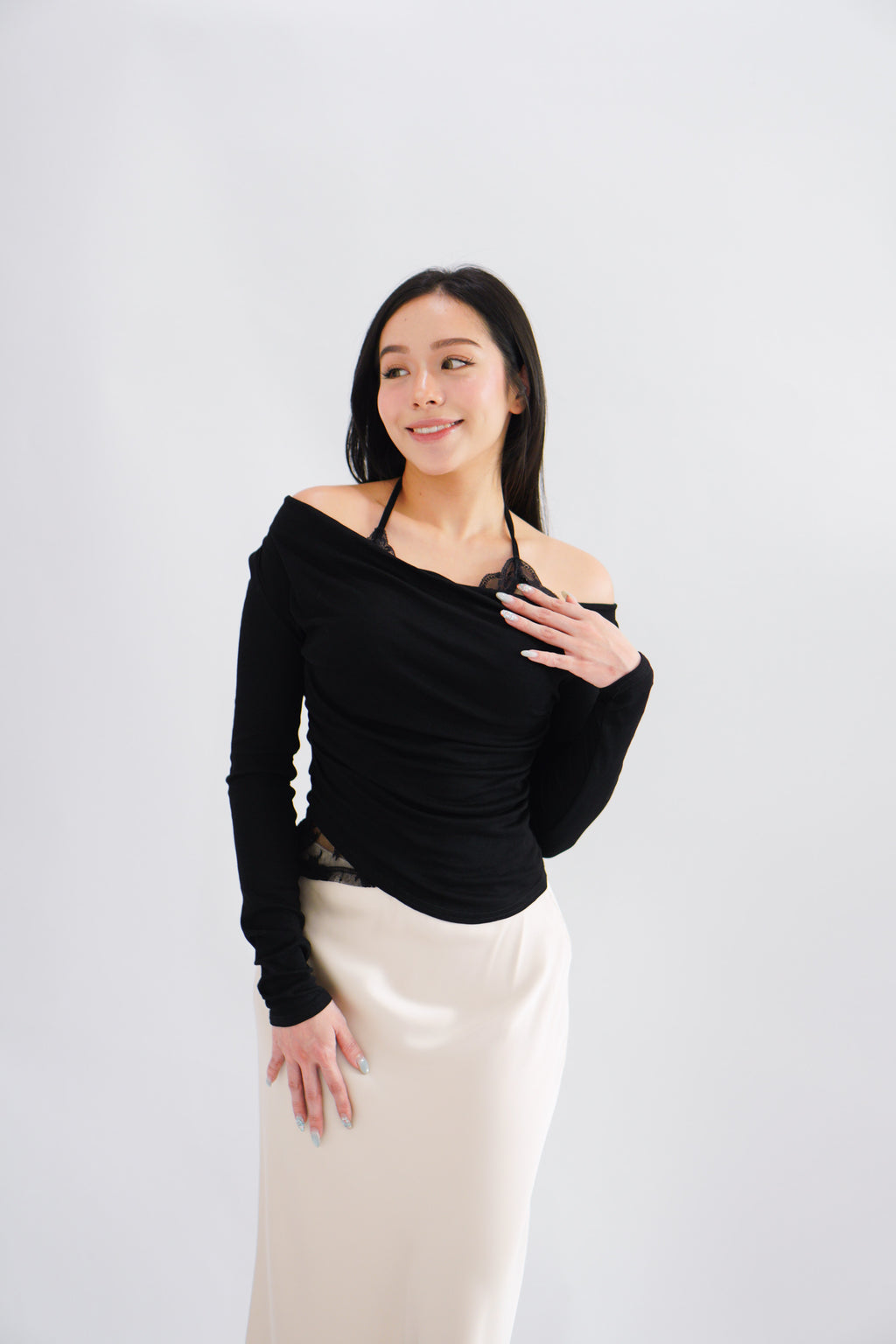 Nyra Faux 2 Piece Long Sleeve Lace Top in Black