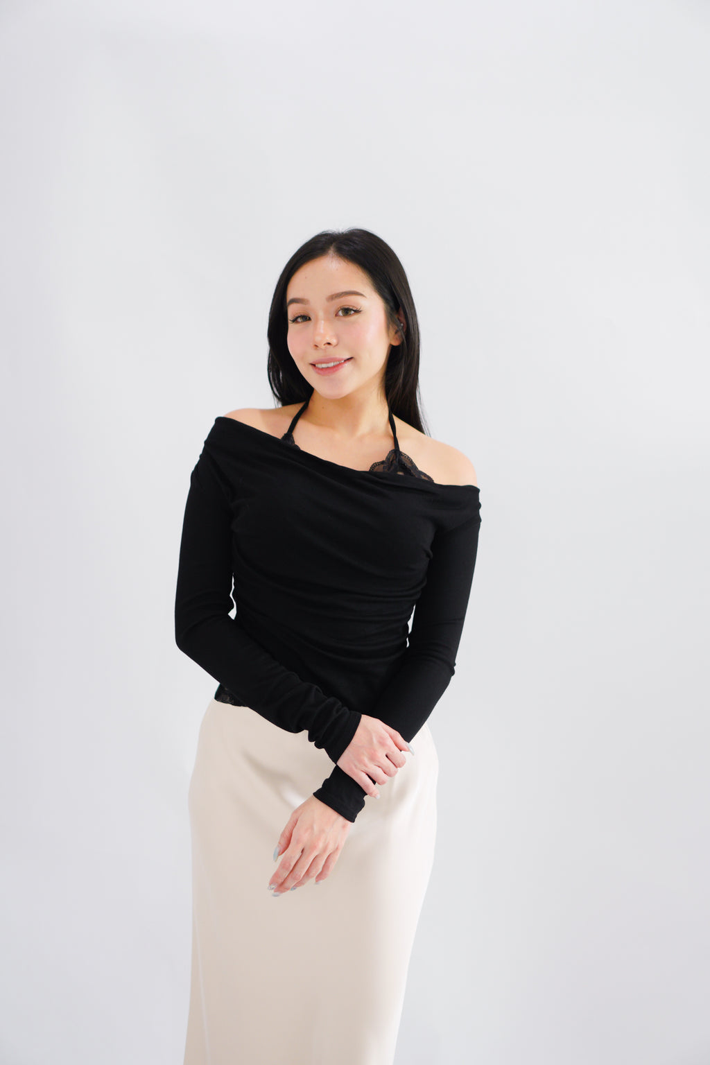 Nyra Faux 2 Piece Long Sleeve Lace Top in Black