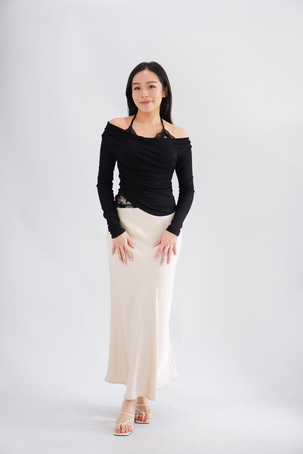 Nyra Faux 2 Piece Long Sleeve Lace Top in Black