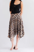 Romelle Plaid Asymmetrical Midi Skirt in Brown and Yellow