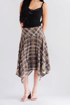 Romelle Plaid Asymmetrical Midi Skirt in Brown and Yellow