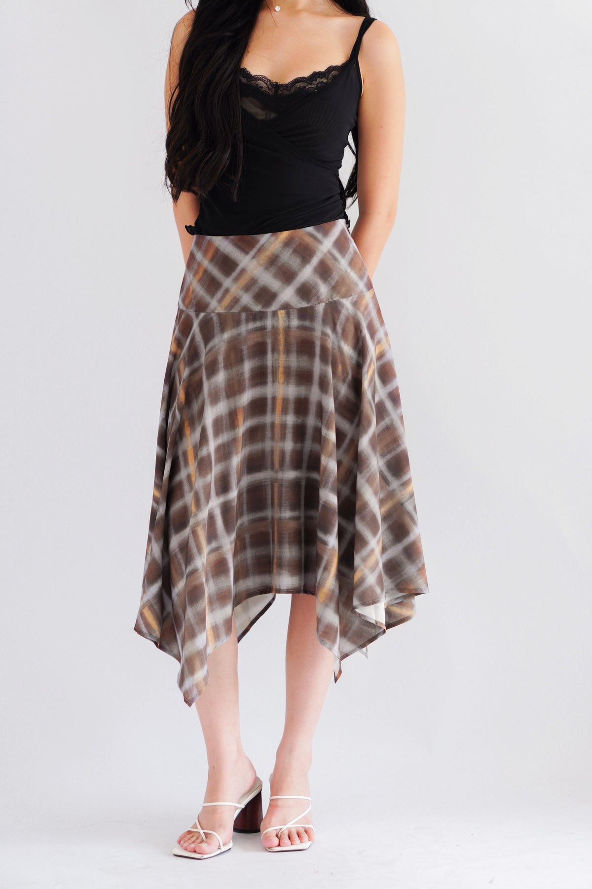 Romelle Plaid Asymmetrical Midi Skirt in Brown and Yellow