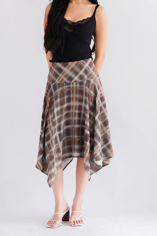 Romelle Plaid Asymmetrical Midi Skirt in Brown and Yellow