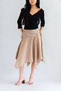 Taski Asymmetrical Stripes Midi Skirt with Chain Belt in Beige