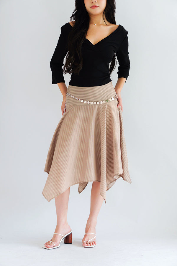 Taski Asymmetrical Stripes Midi Skirt with Chain Belt in Beige