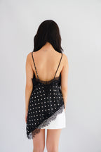 Zanara Asymmetrical Lace Camisole Top in Black Polkadot