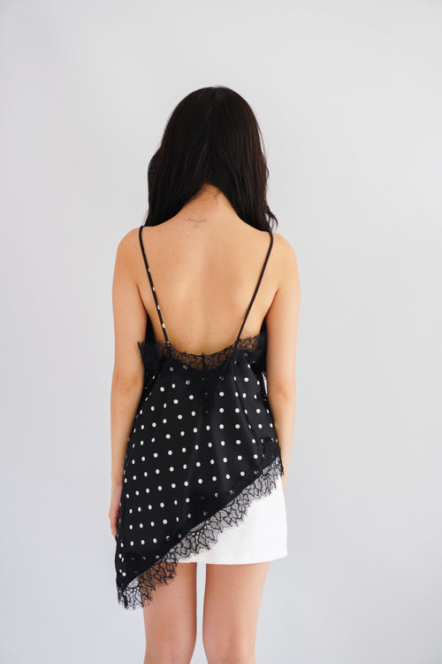 Zanara Asymmetrical Lace Camisole Top in Black Polkadot