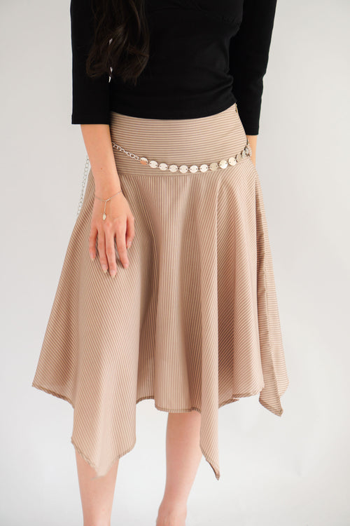 Taski Asymmetrical Stripes Midi Skirt with Chain Belt in Beige
