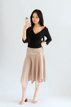 Taski Asymmetrical Stripes Midi Skirt with Chain Belt in Beige