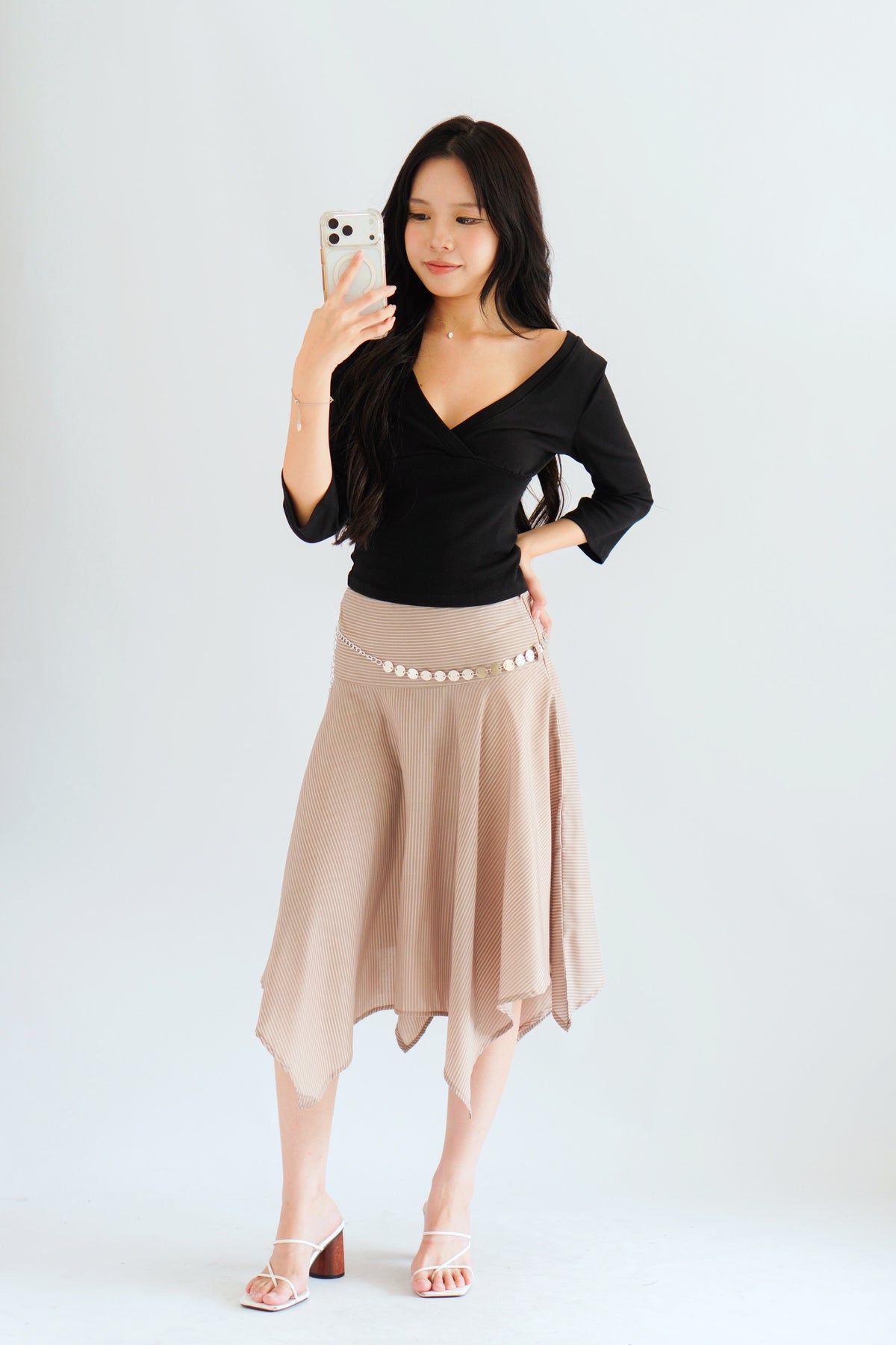 Taski Asymmetrical Stripes Midi Skirt with Chain Belt in Beige