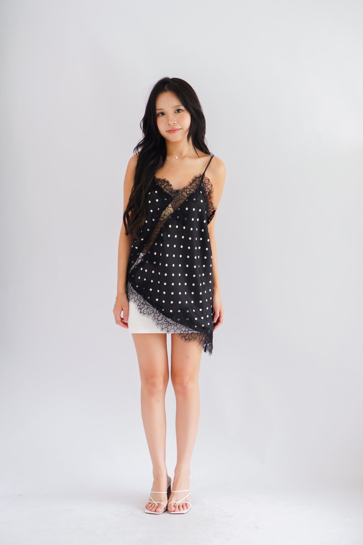 Zanara Asymmetrical Lace Camisole Top in Black Polkadot