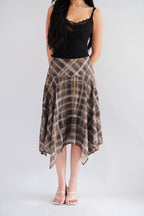 Romelle Plaid Asymmetrical Midi Skirt in Brown and Yellow