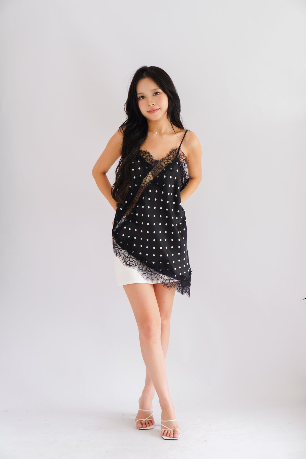 Zanara Asymmetrical Lace Camisole Top in Black Polkadot