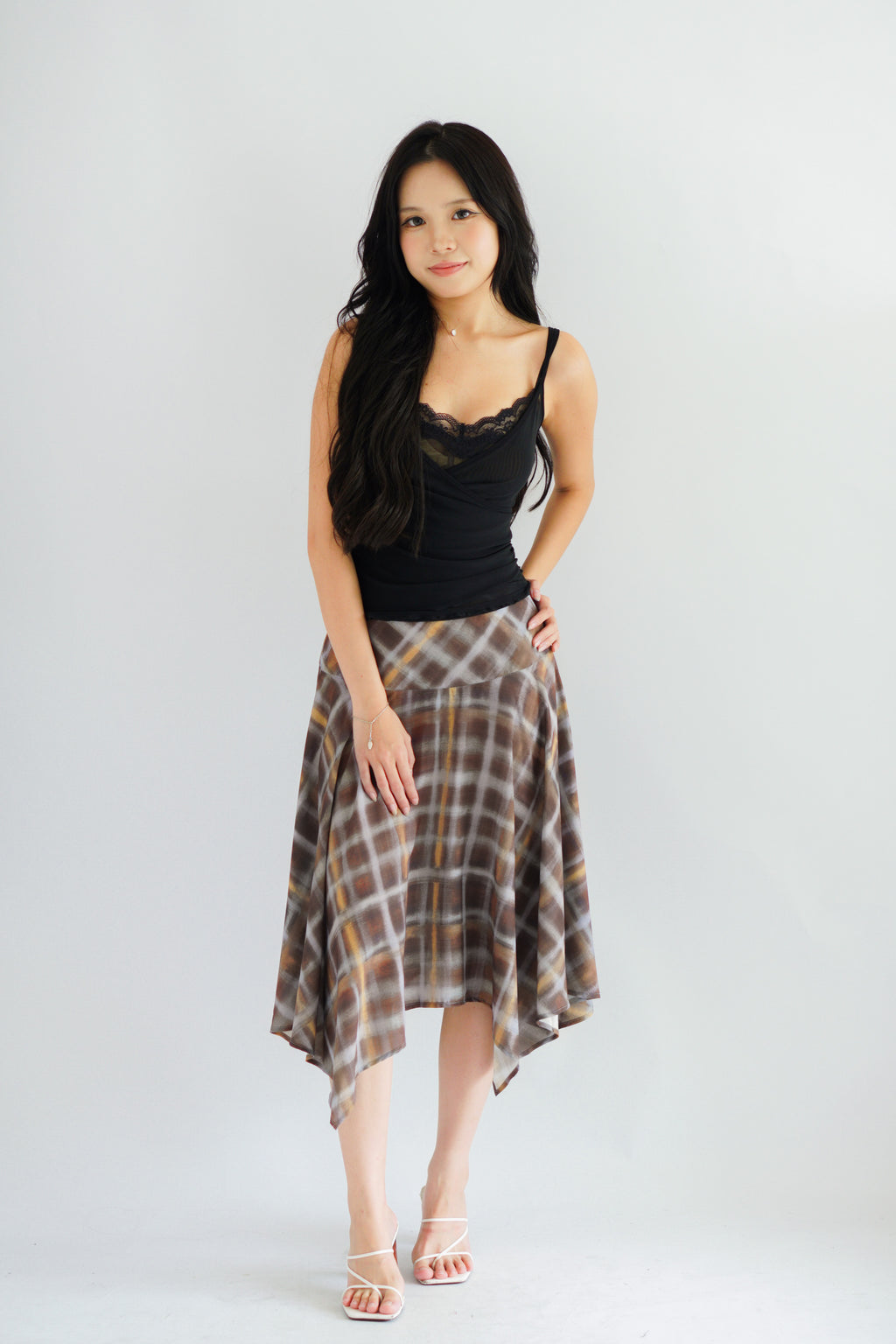 Romelle Plaid Asymmetrical Midi Skirt in Brown and Yellow