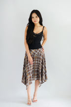 Romelle Plaid Asymmetrical Midi Skirt in Brown and Yellow