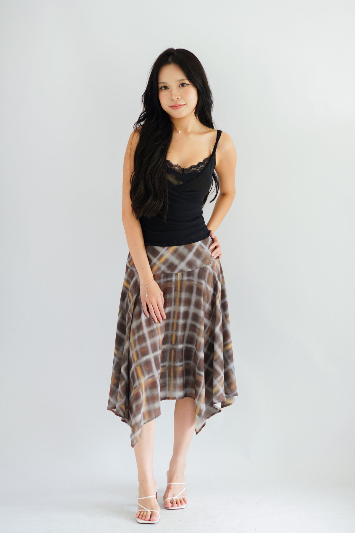 Romelle Plaid Asymmetrical Midi Skirt in Brown and Yellow