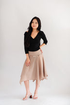 Taski Asymmetrical Stripes Midi Skirt with Chain Belt in Beige