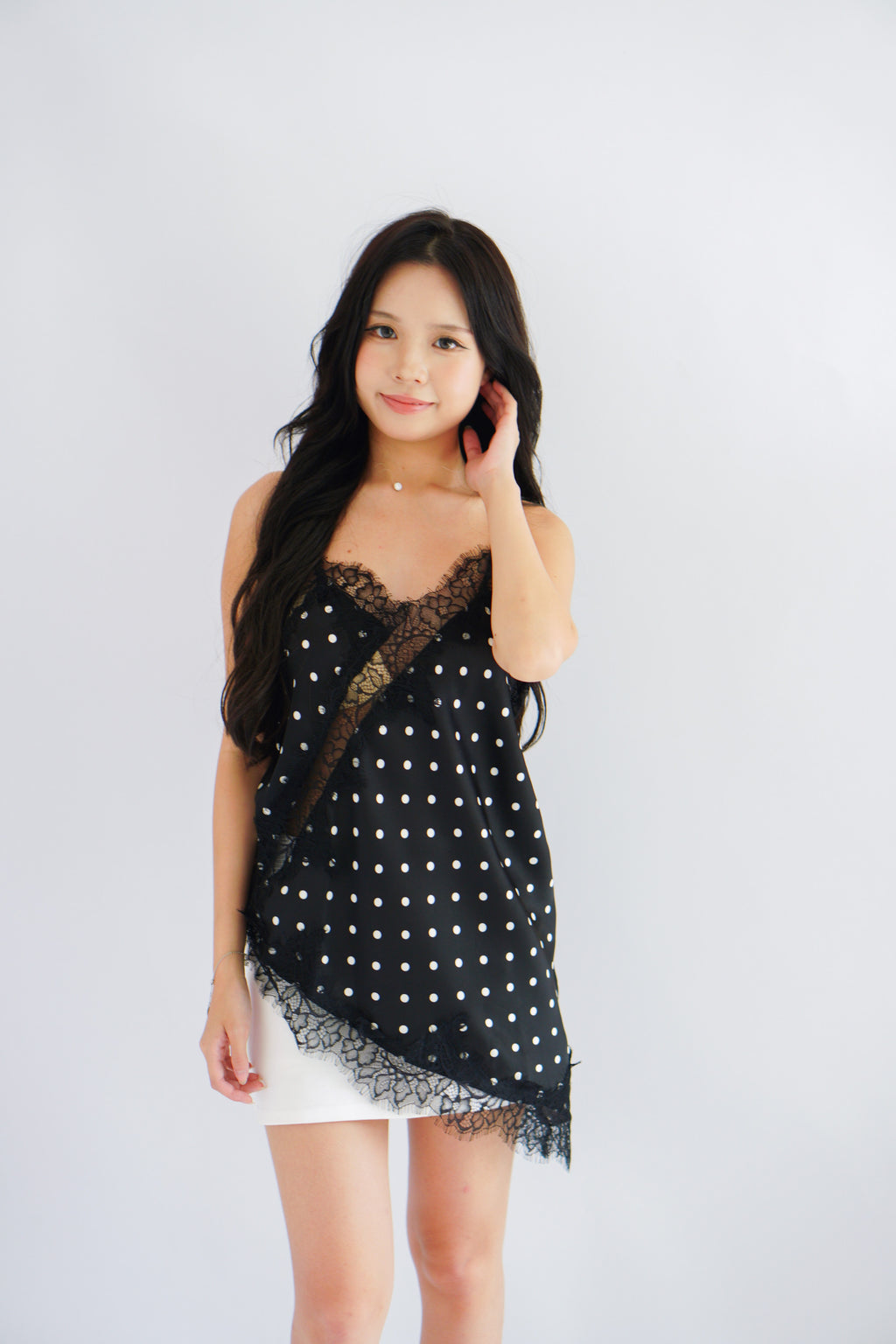 Zanara Asymmetrical Lace Camisole Top in Black Polkadot