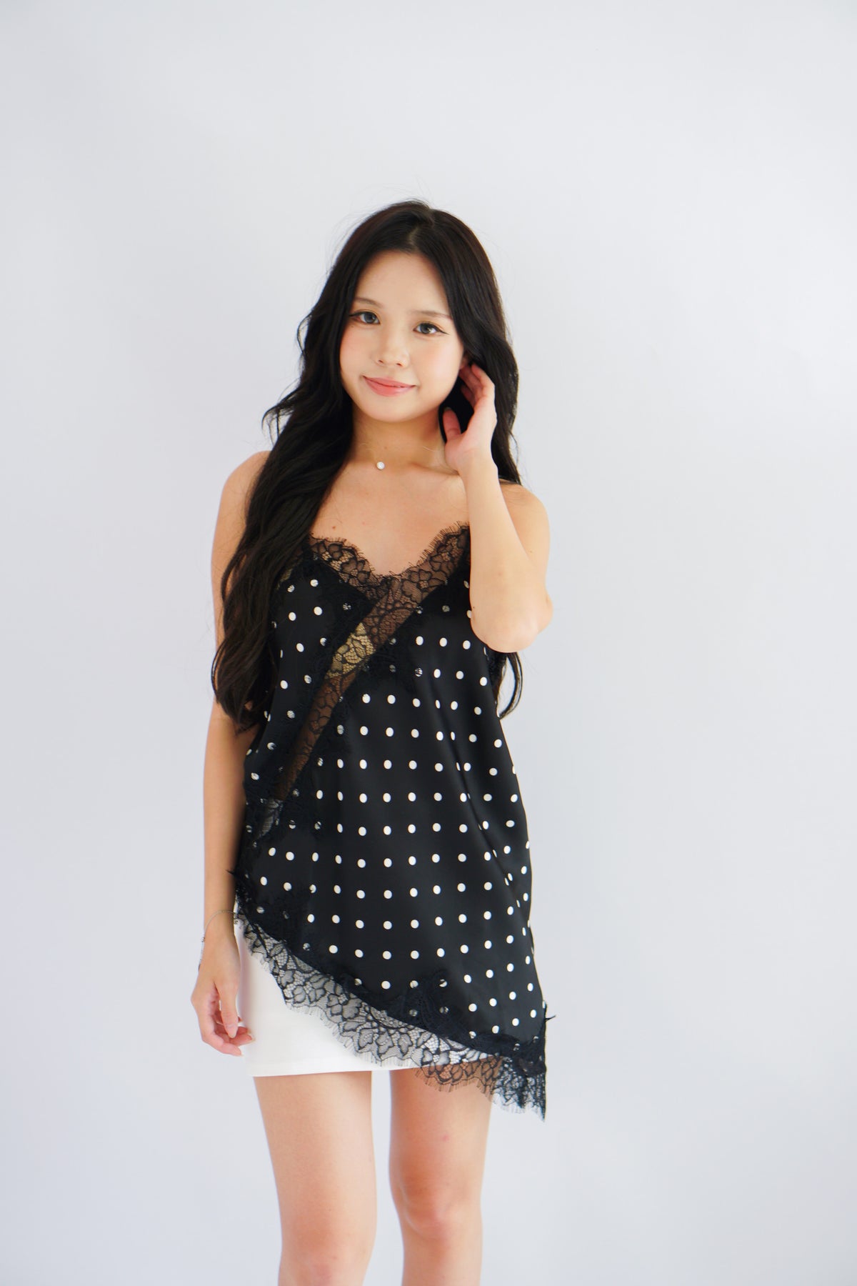 Zanara Asymmetrical Lace Camisole Top in Black Polkadot