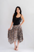Romelle Plaid Asymmetrical Midi Skirt in Brown and Yellow