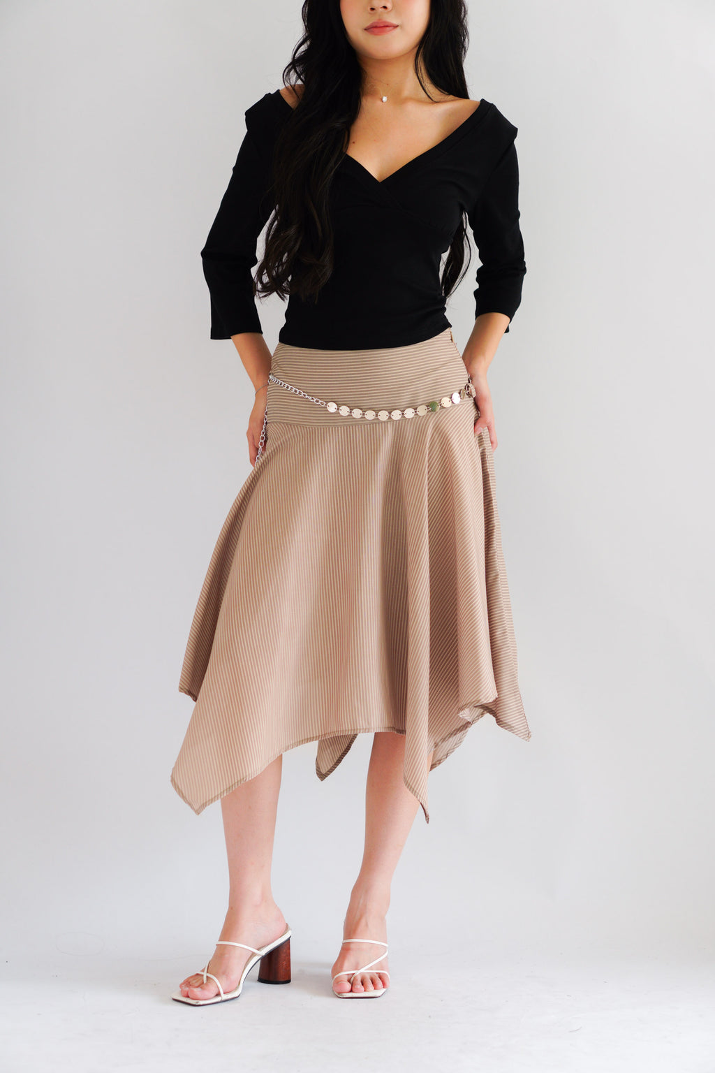 Taski Asymmetrical Stripes Midi Skirt with Chain Belt in Beige