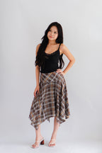 Romelle Plaid Asymmetrical Midi Skirt in Brown and Yellow