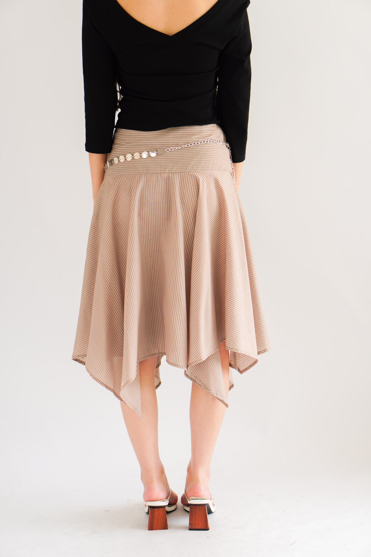 Taski Asymmetrical Stripes Midi Skirt with Chain Belt in Beige