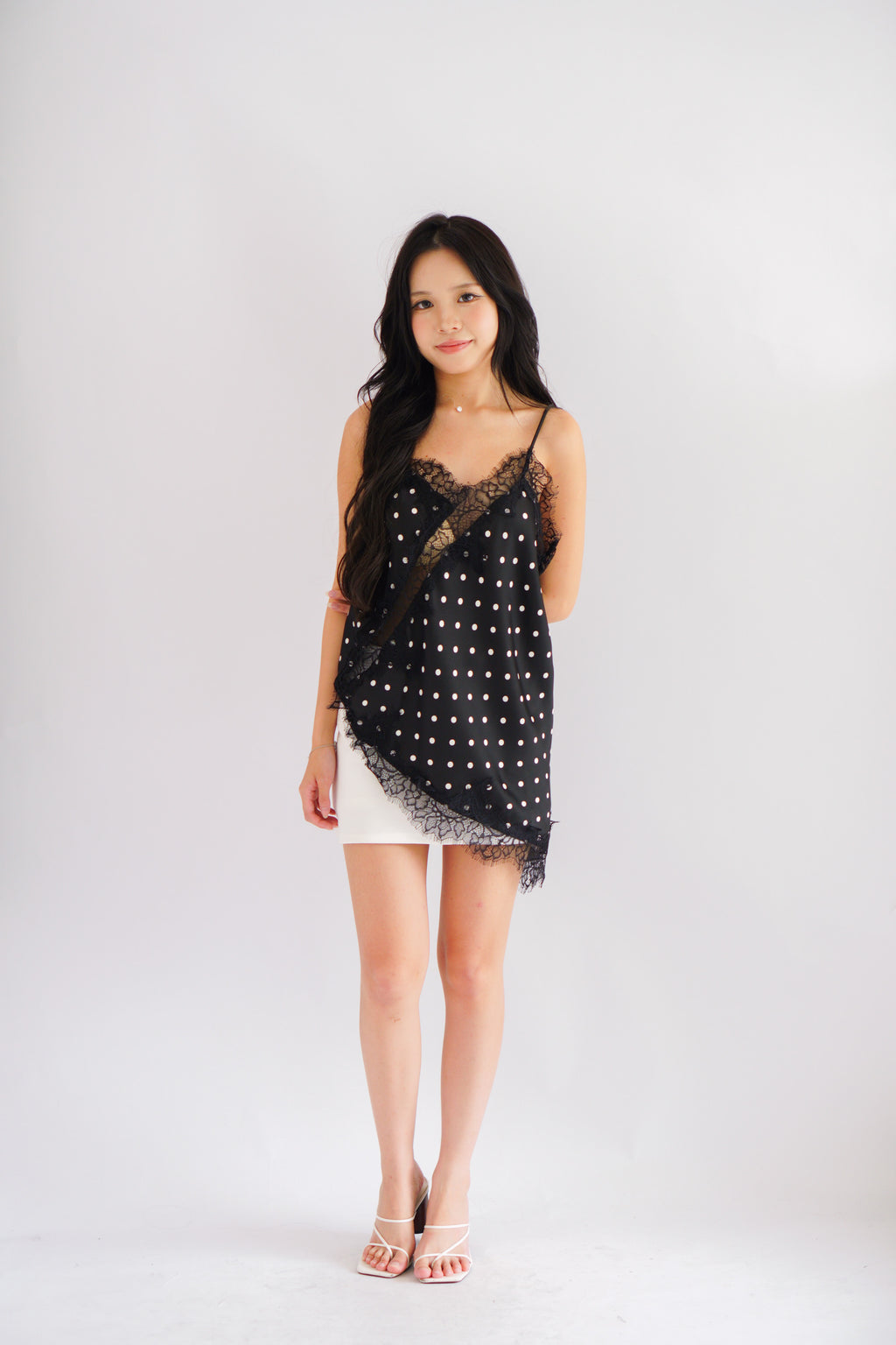 Zanara Asymmetrical Lace Camisole Top in Black Polkadot